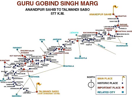 Probable travel route map of Guru Gobind Singh Ji