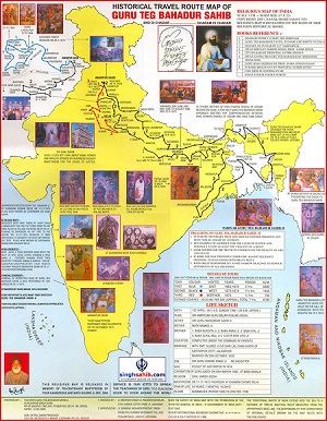 Probable travel route map of Guru Tegh Bahadur Ji