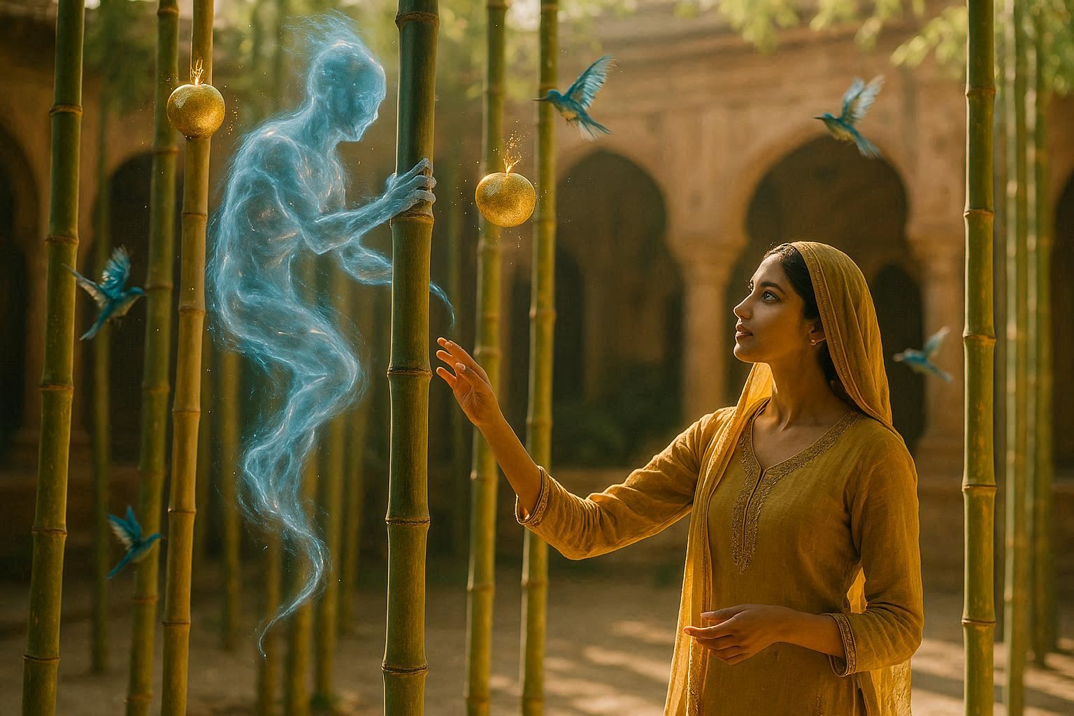 Guided by wisdom, the jinn climbs tall bamboo poles