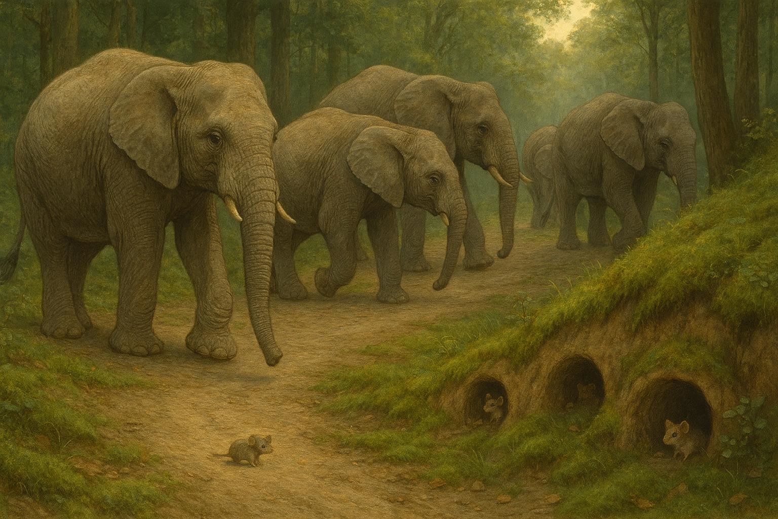 Elephants walking away from the mice village