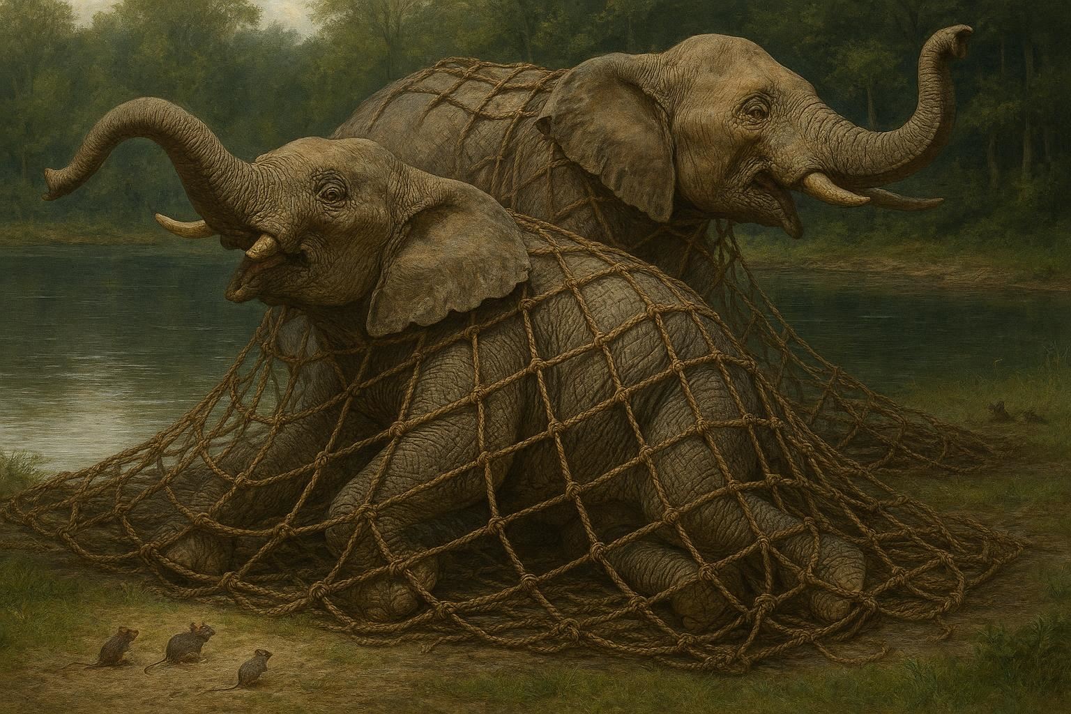 Elephants trapped in nets