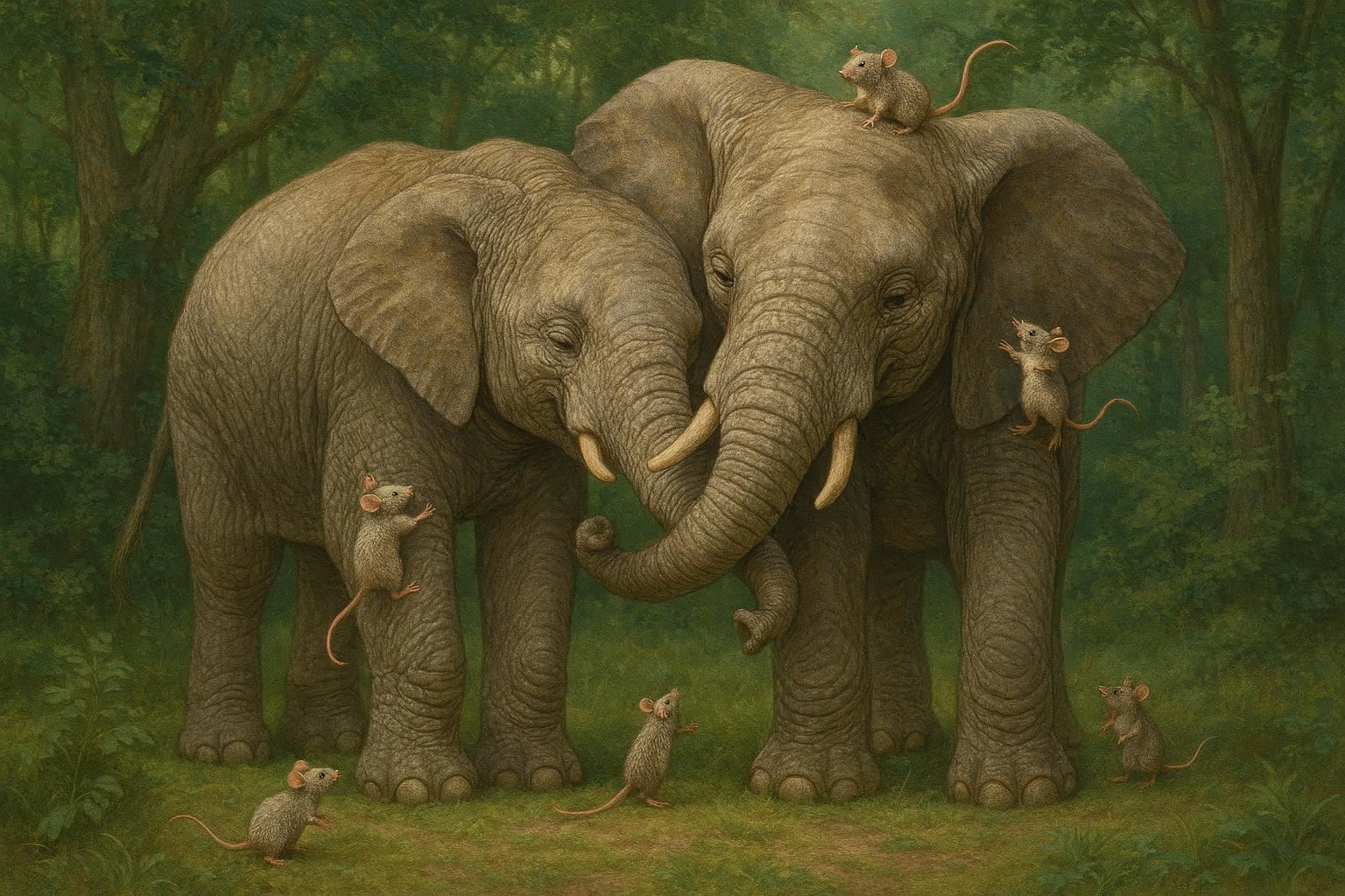 Elephants and mice living peacefully together