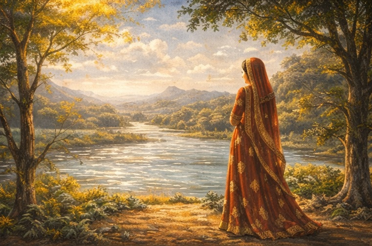 The woman stands in contemplation, gazing at the distant horizon. The tranquil landscape symbolizes the impermanence of worldly things and the lasting peace that comes from faith and humility. The river, flowing gently, reflects the flow of life and the transient nature of material wealth