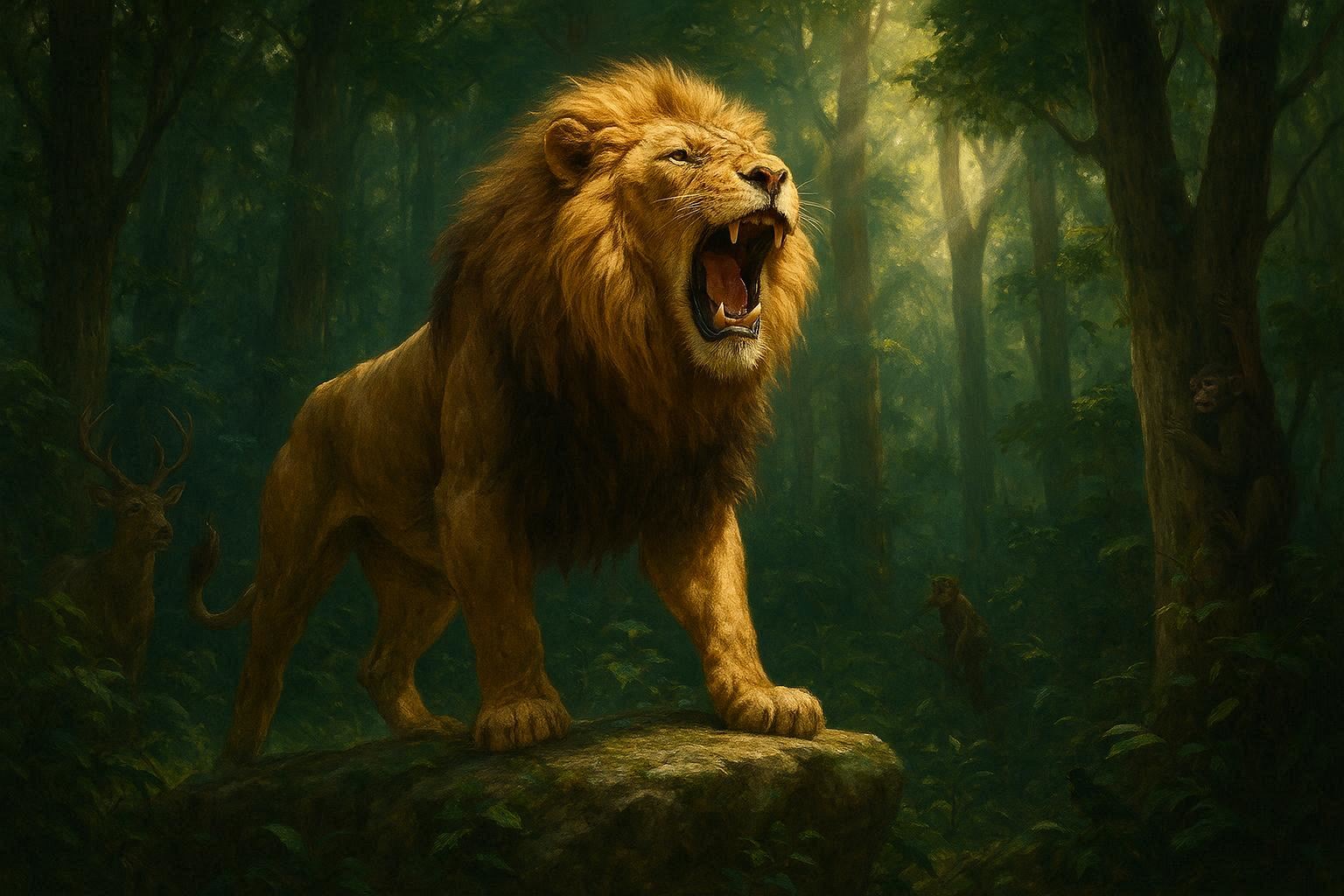 A lion roaring while animals hide in the jungle