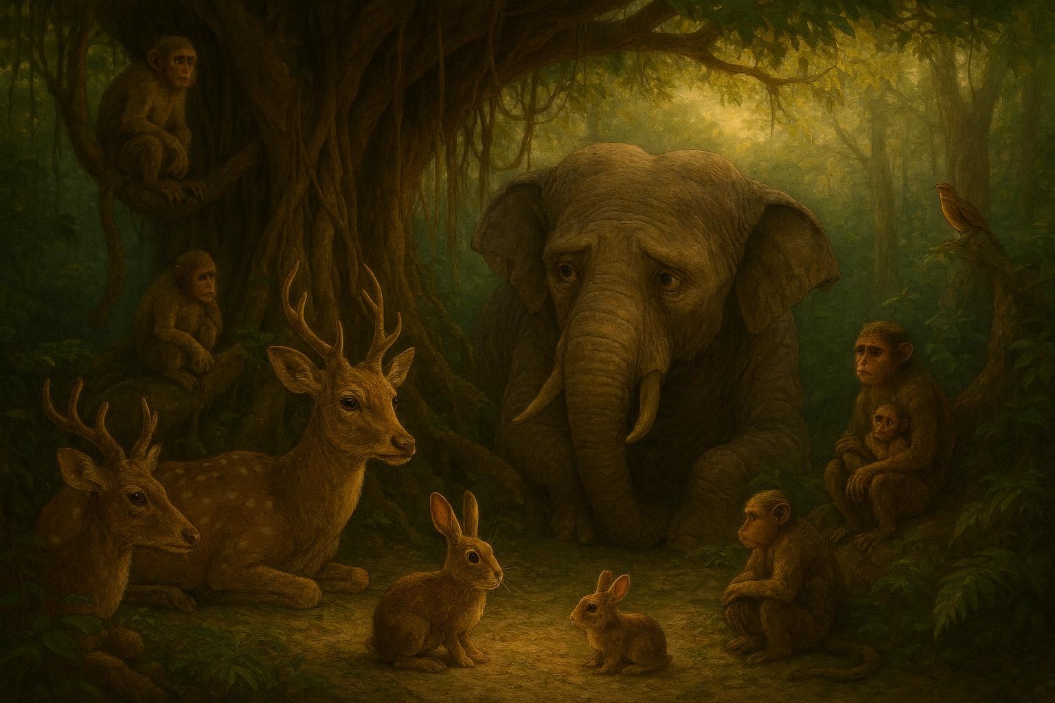 Jungle animals meeting under a large tree