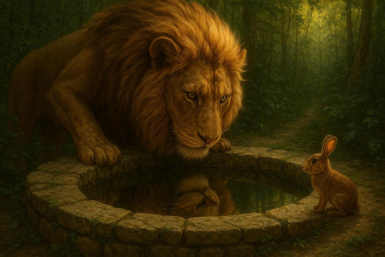 The lion peered into the well curiously