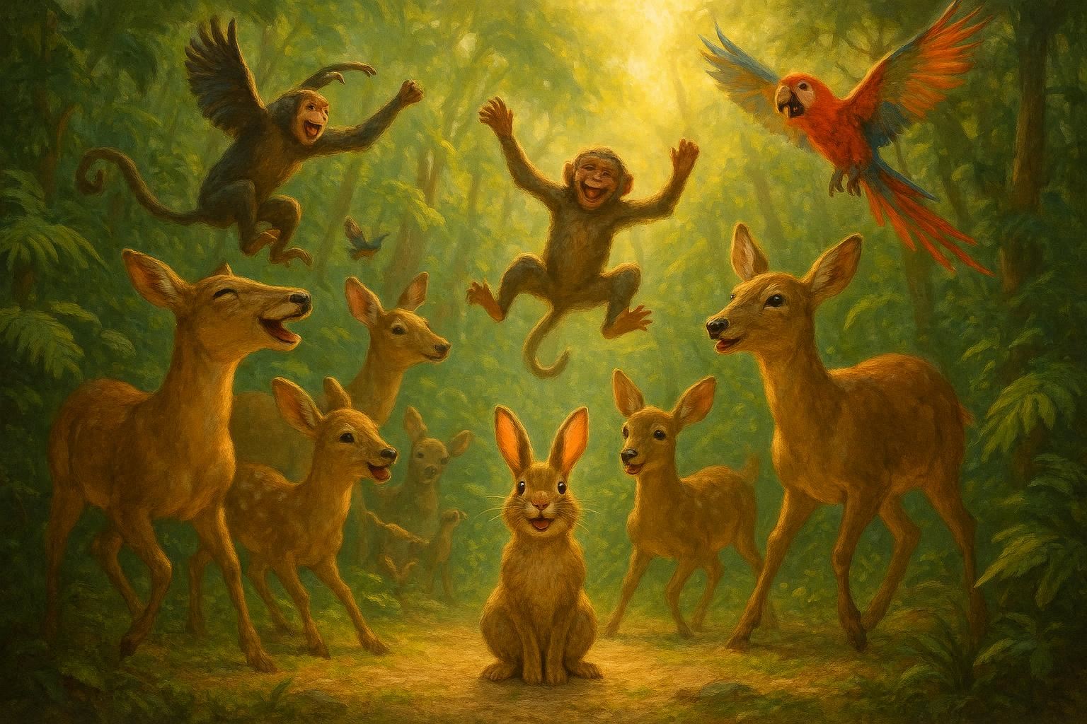 Jungle animals celebrating with the rabbit