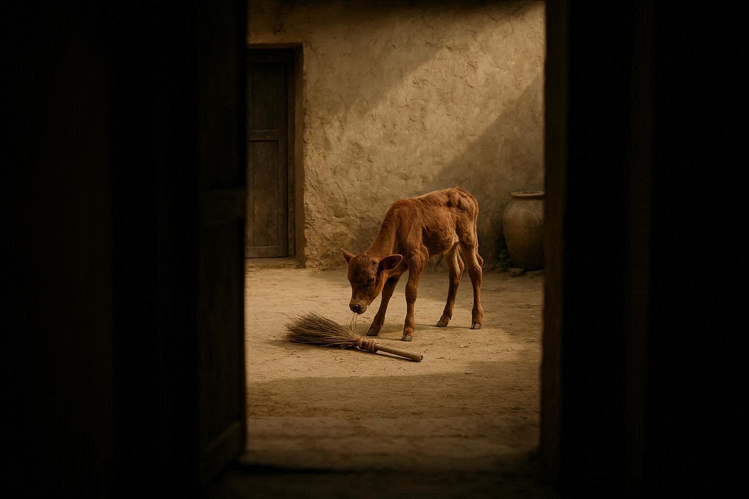 A calf and broom in courtyard