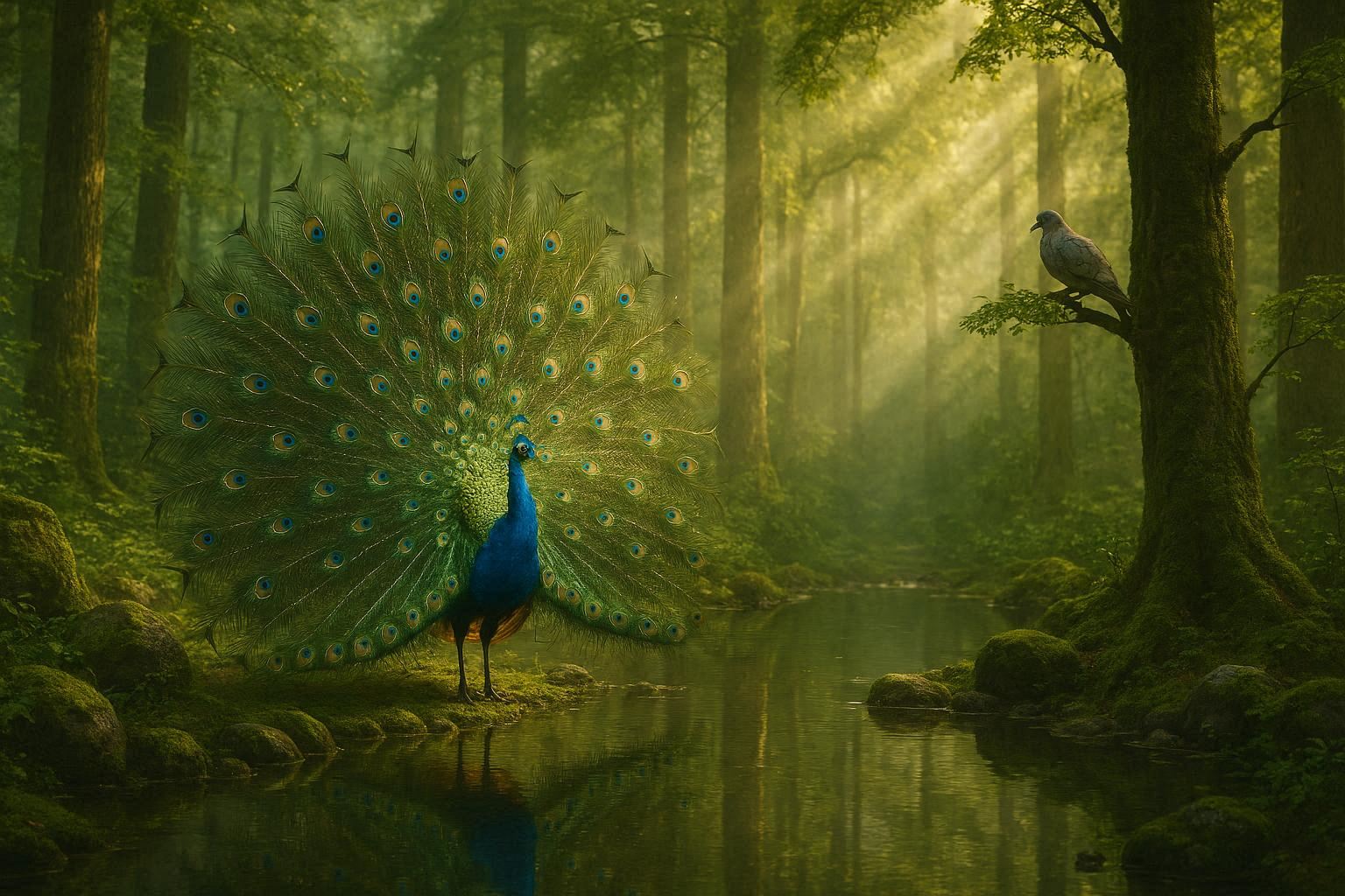 A proud peacock showing its feathers in a forest clearing
