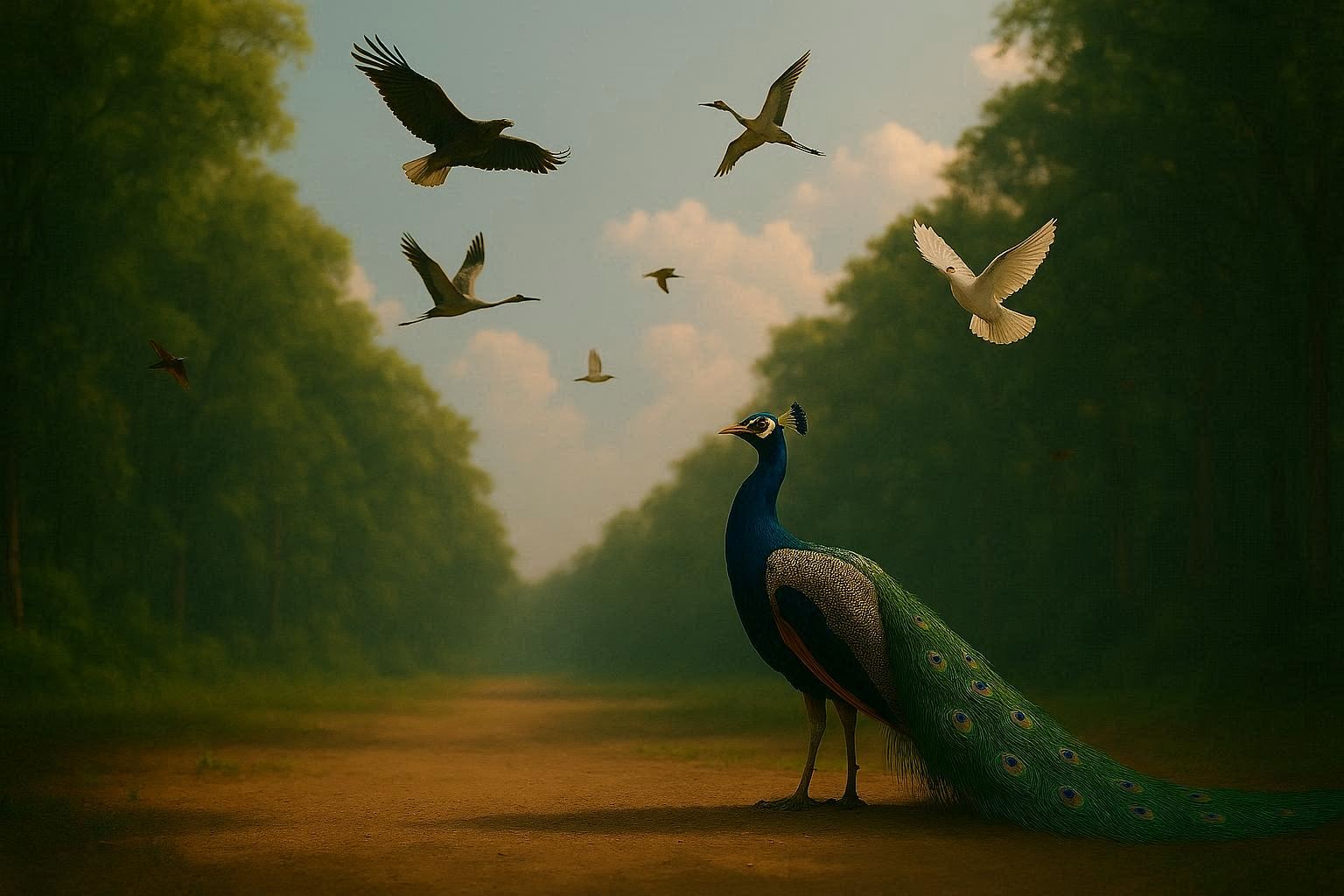 Proud peacock mocks flying birds while the dove flies humbly