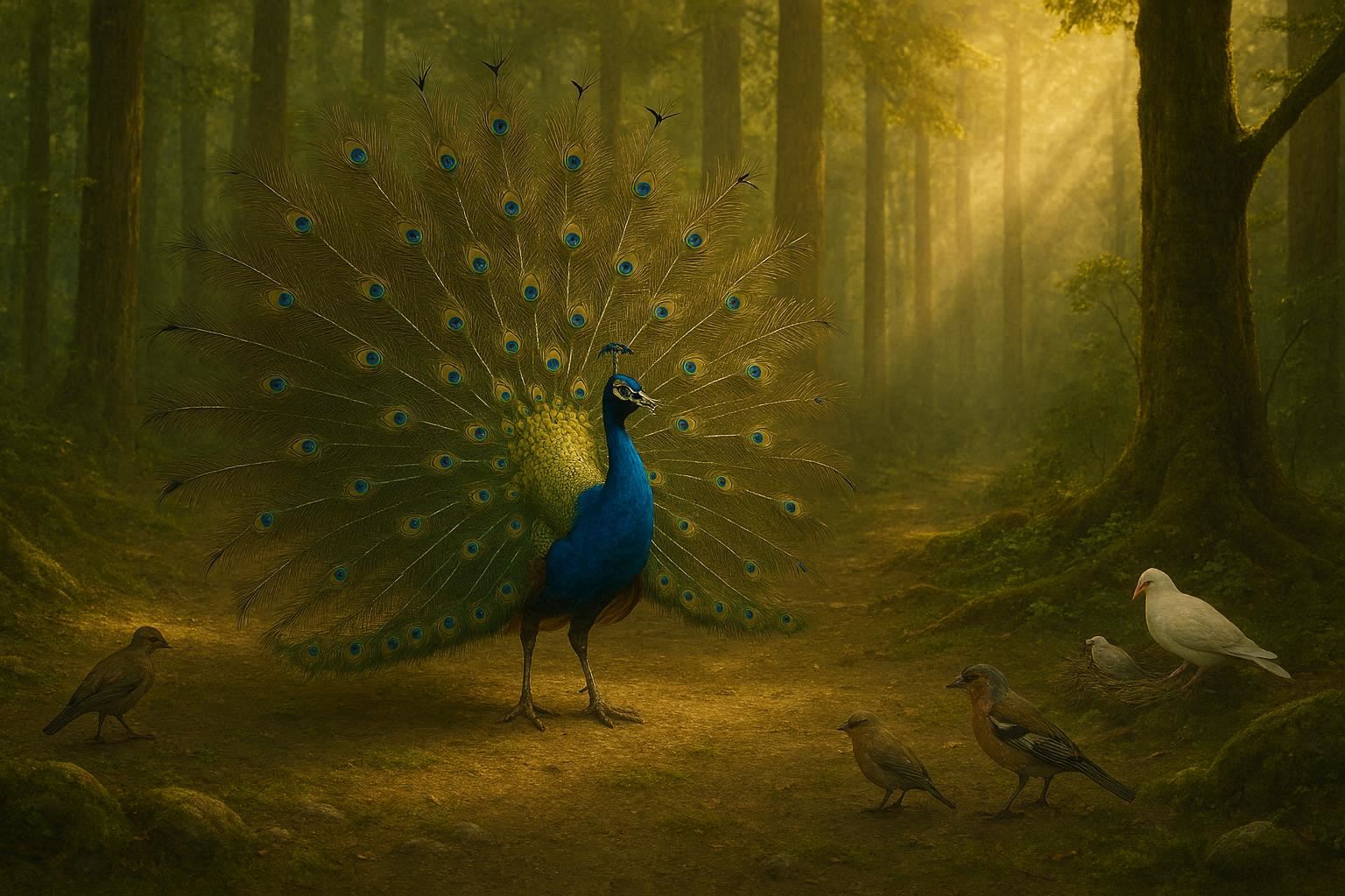 Peacock boasts after contest as dove quietly helps others
