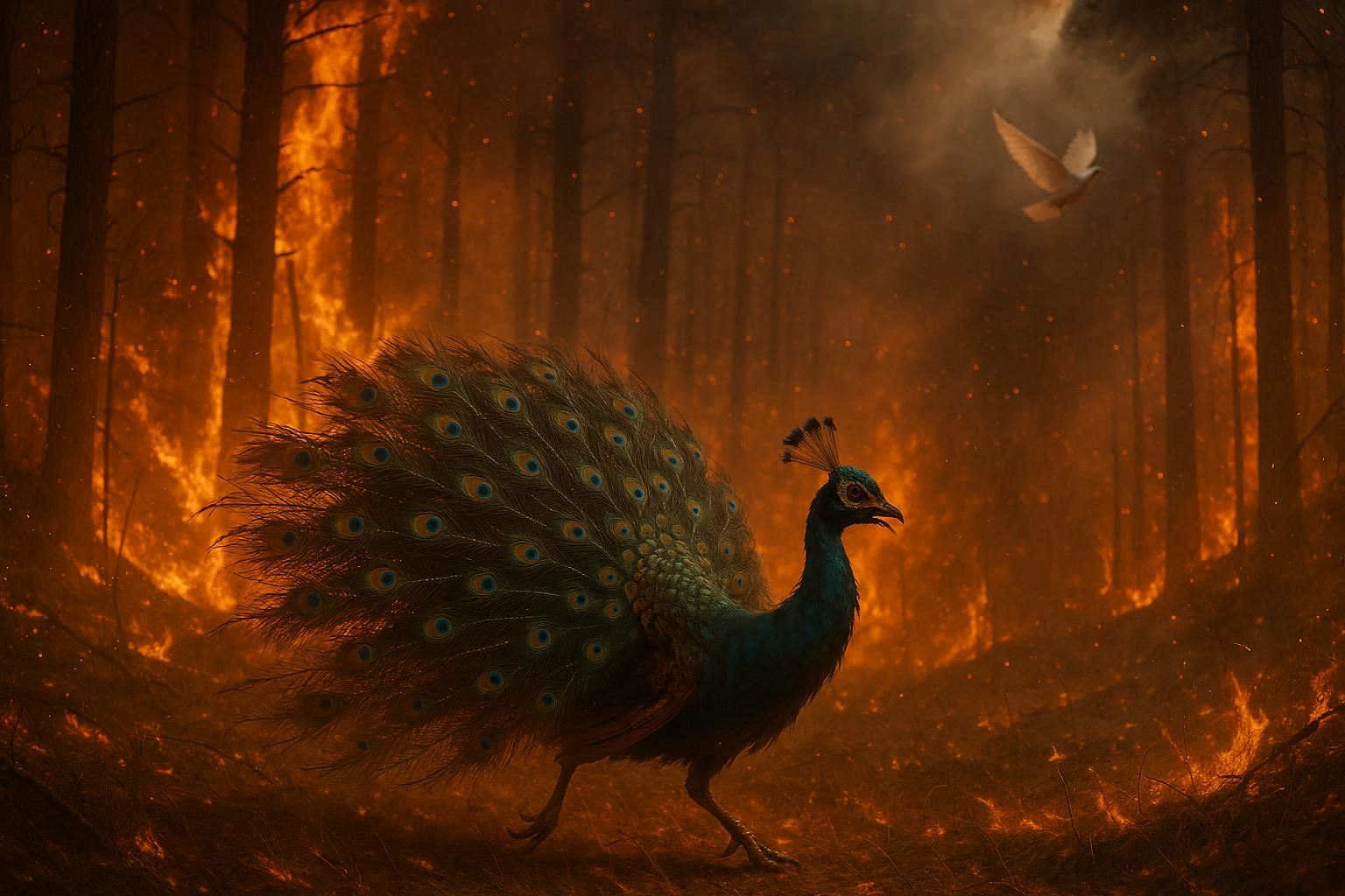 Forest fire with animals escaping through smoke