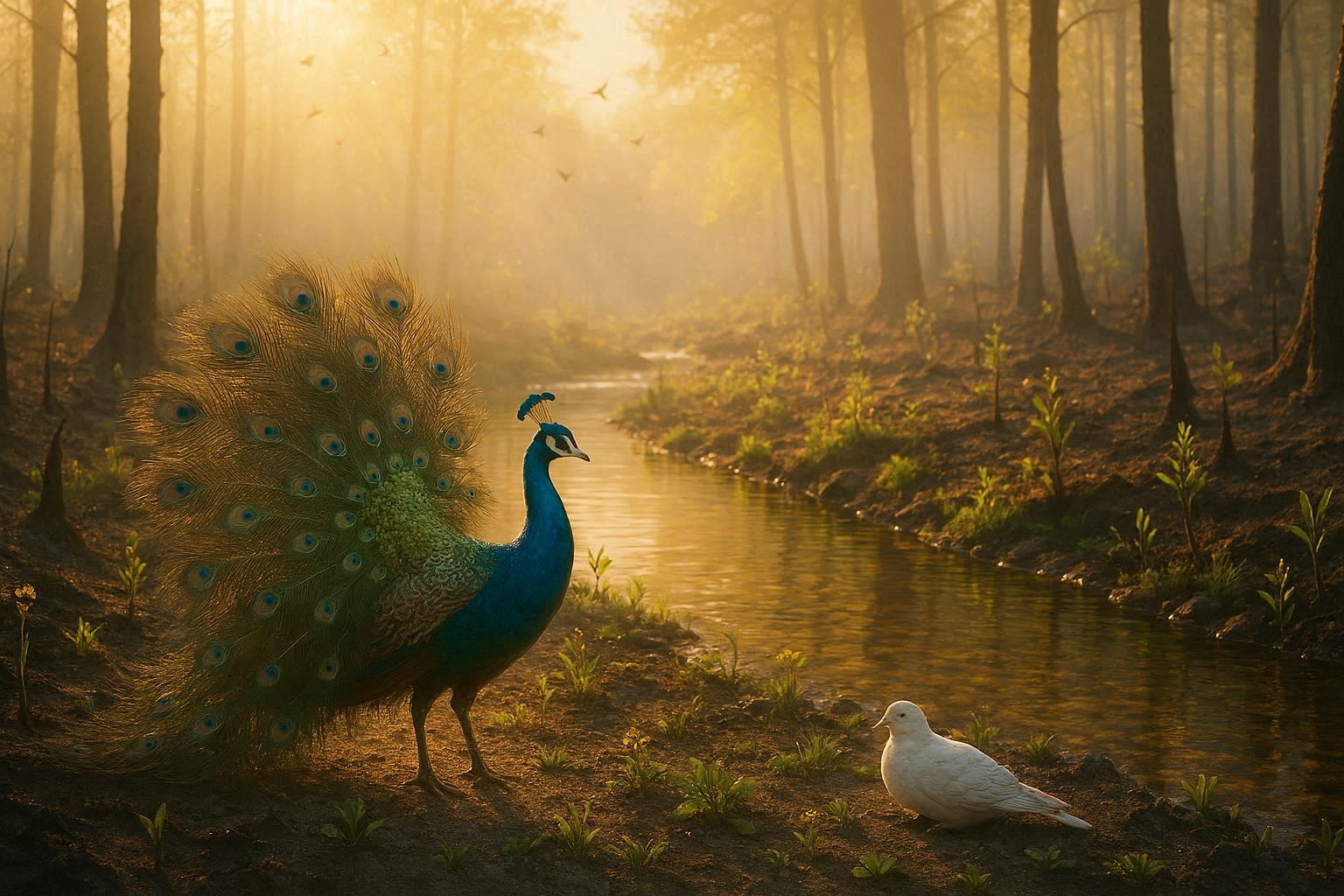 Peacock and dove standing peacefully in a forest after the fire