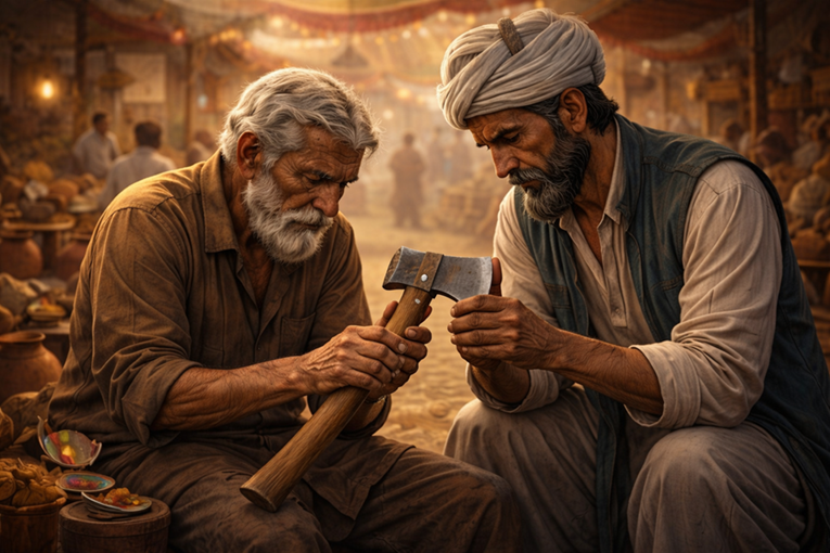 The woodcutter visits a merchant in the market